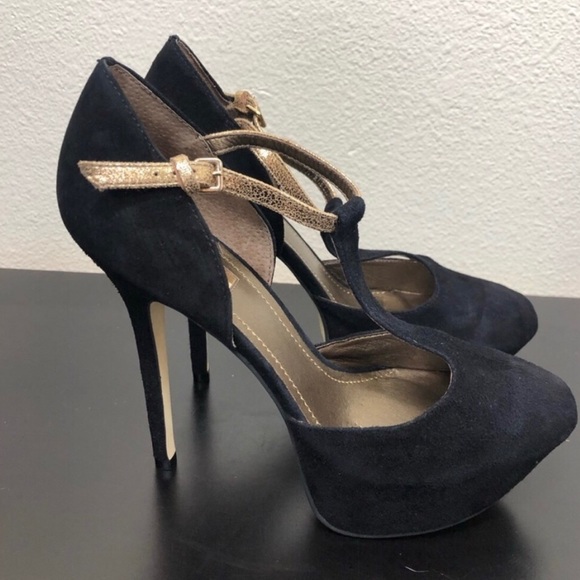 Report Signature Black Leather Gold High Heels - Picture 3 of 9